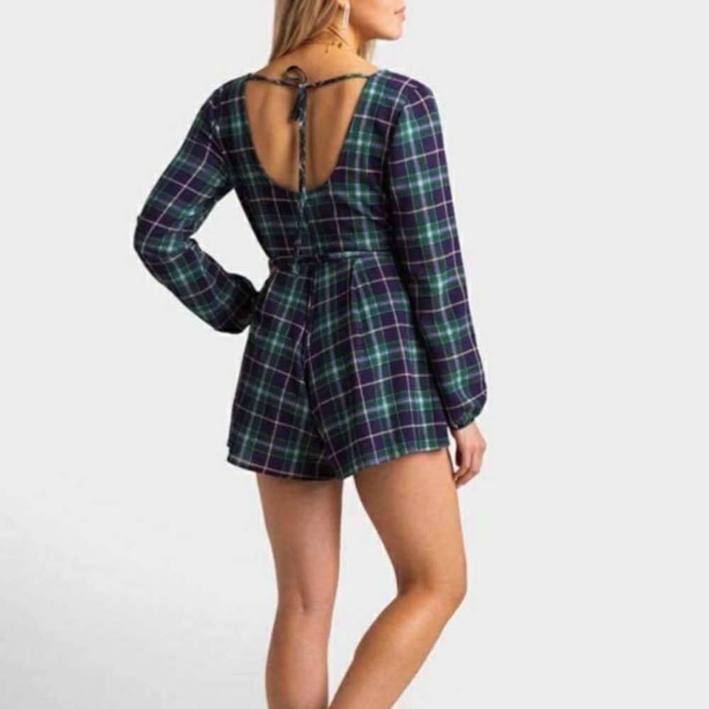 NWT Francesca’s Checkered Navy Green Romper - Picture 5 of 5